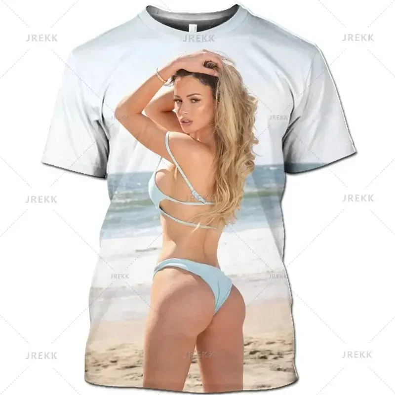 Men\'s Casual Short Sleeved T-shirt 3D Printed Sexy Model Pattern Bikini Beach Top Girl Beauty Pattern T-shirt