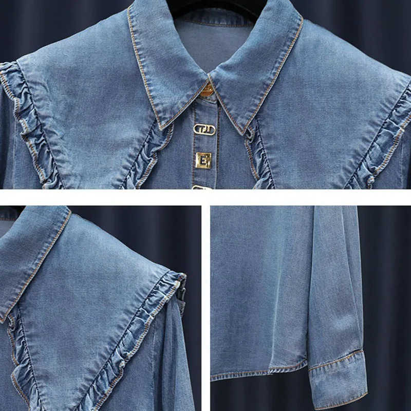 2025 New Fashion Female Denim Shirt Spring Autumn Splicing Side Of Fungus Shawl Collar Loose Tops Washed Women\'s Cowgirl Shirt