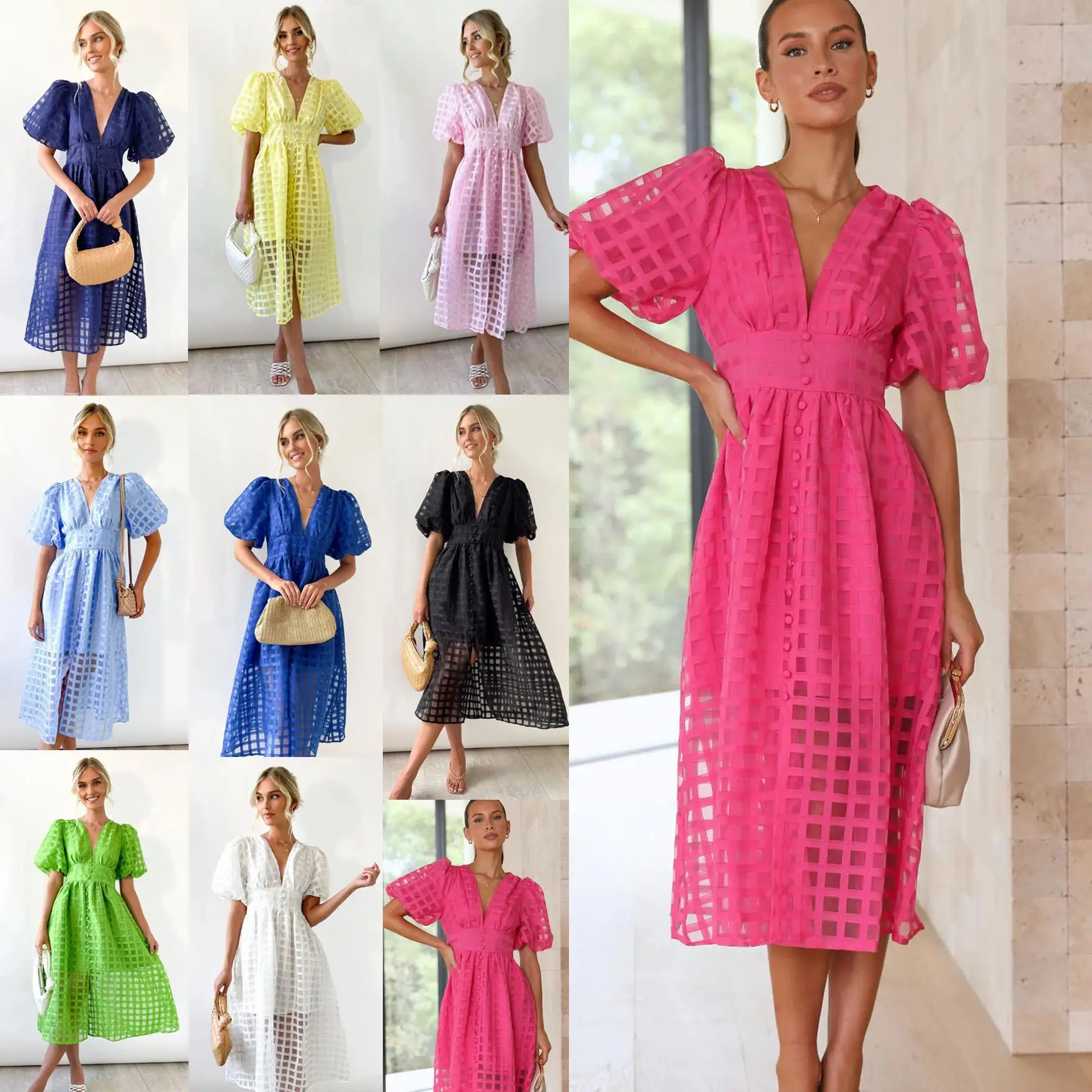 

2024 Spring and Summer New Women's Hollow Design Sense Lantern Sleeve Multi-color Temperament Dresses Hot Sale Evening Dresses