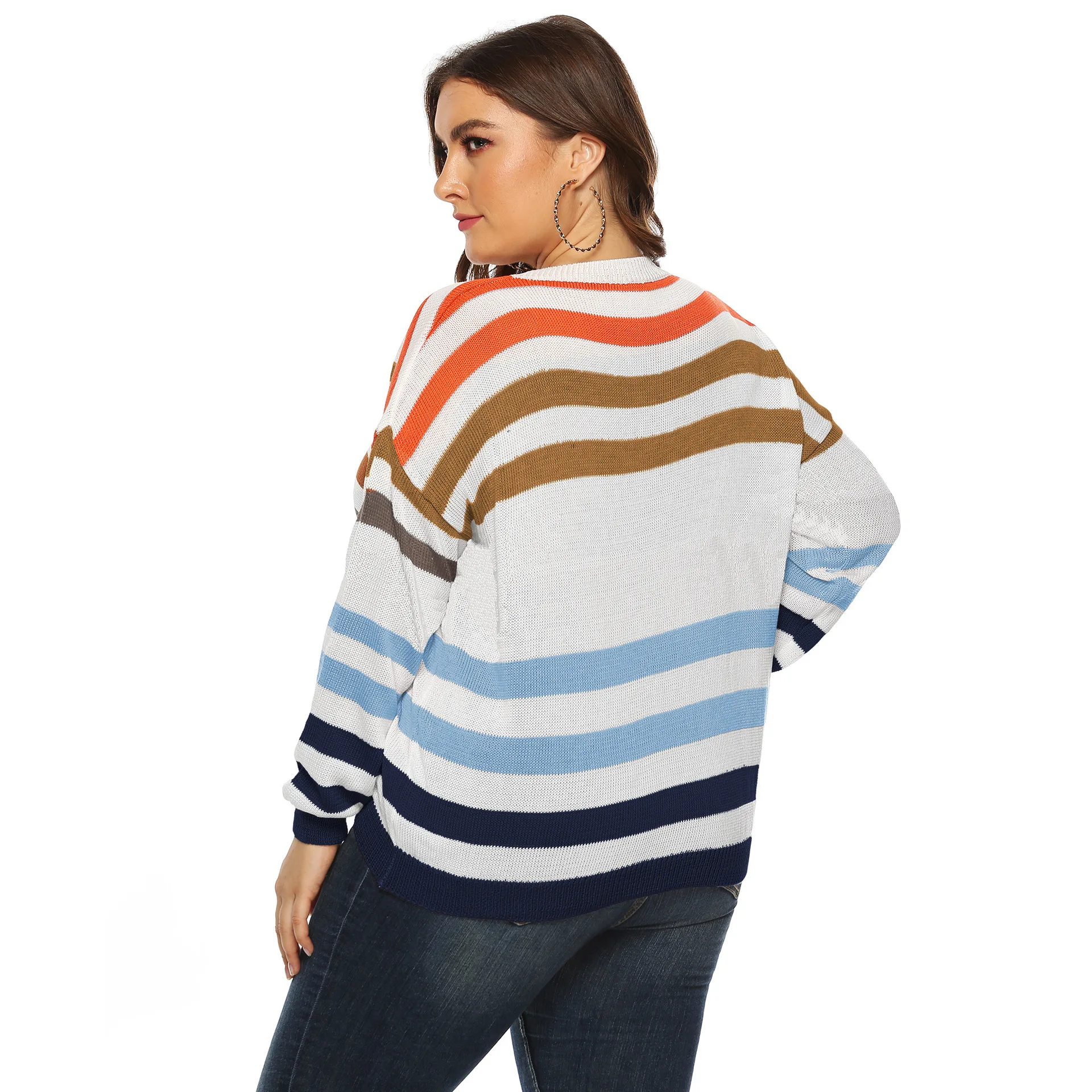 2024 Winter Stripe Plus Size Sweater Women O-Neck Large Pullover Ladies Casual Loose Oversize Jumper Big Jerseys Curvy Knitwear