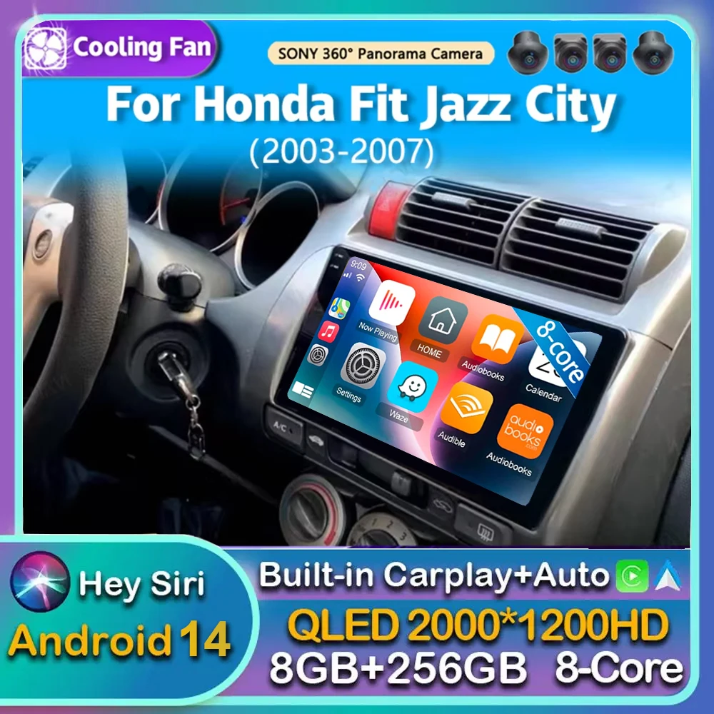 Автомобильный радиоприемник Android 14 Carplay для Honda Fit Jazz City 2002, 2003, 2004, 2005, 2006, 2007, мультимедийный видеоплеер, стерео GPS, аудио