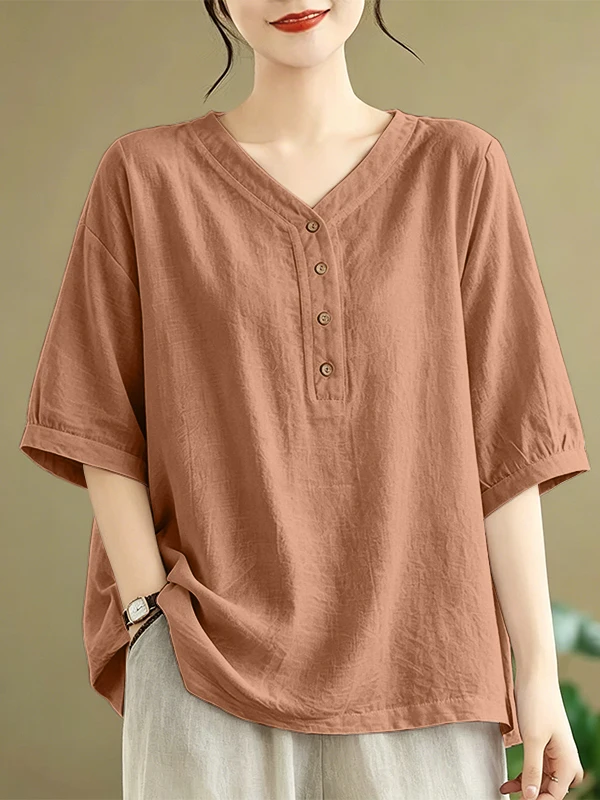 plus Size V-Neck Short Sleeve T-Shirt Women's Summer New Simple Match Loose Button Body Shirt Top Breathable Sweat Absorbent