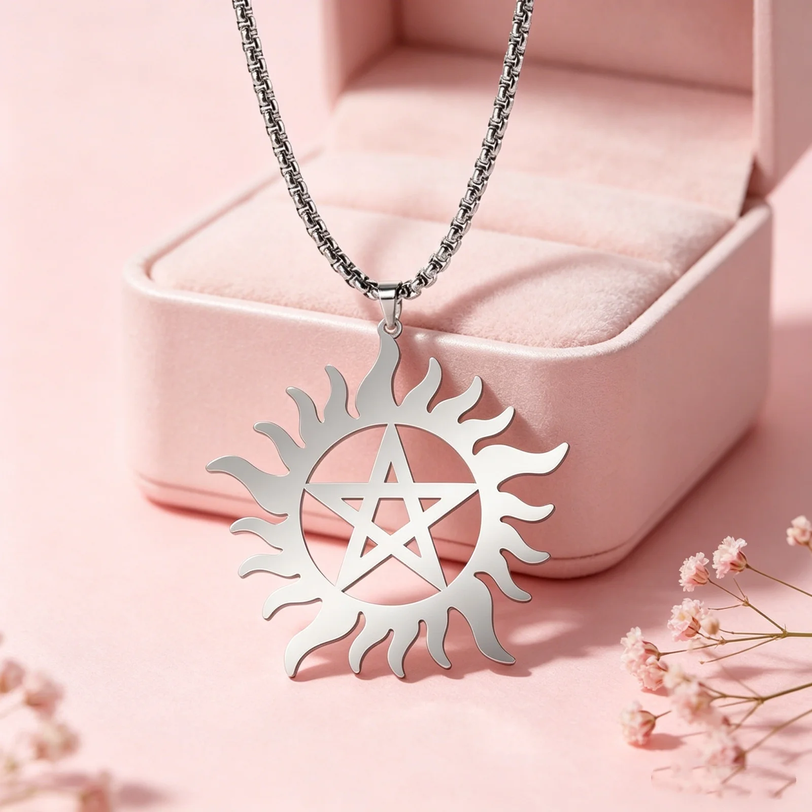 Sun Pentagram Pendant Necklace Stainless Steel Men's and Women's Trendy Supernatural Talisman Hip-Hop Party Jewelry Gift