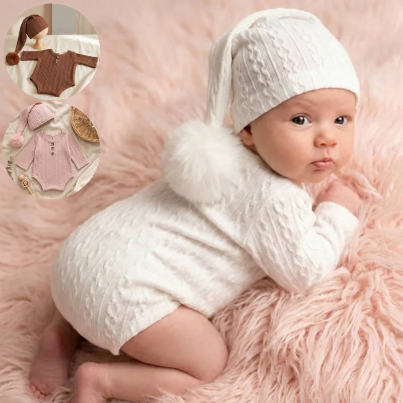 2pcs Newborn Photography Props Knitted Romper Long Tail Pom Hat Set Baby Boy Girl Studio Photo Shoot Outfit Posing Accessories