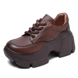 Single shoe women's 2025four season fashionable leather high rise thick soled sponge tied leather shoes for women