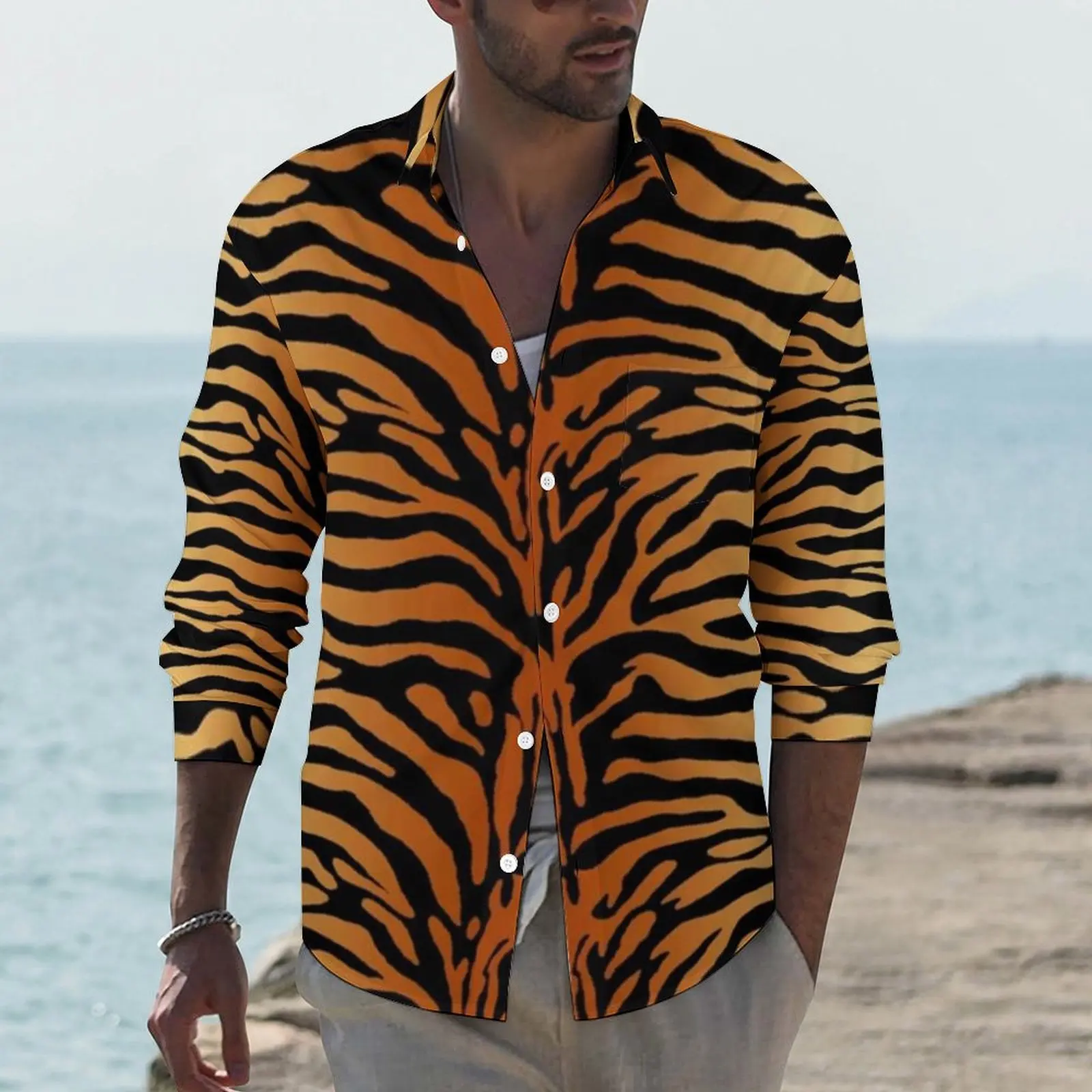 Tiger Print Pattern Aesthetic Casual Shirt Men Animal Stripes Shirt Autumn Loose Blouses Long Sleeve Custom Oversize Tops