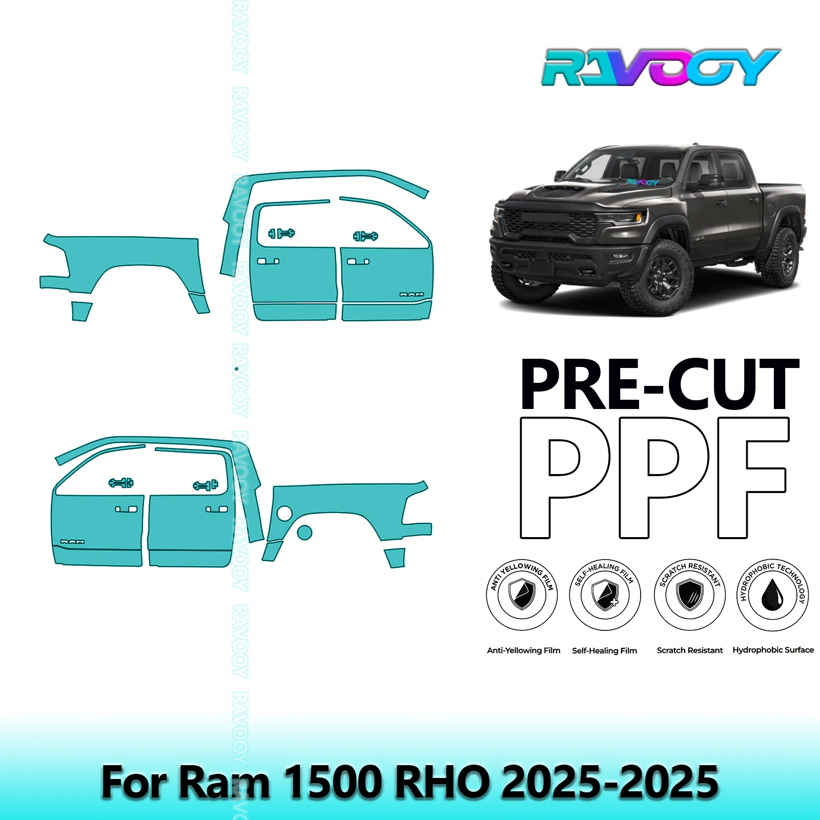 

For Ram 1500 RHO 2025-2025 8.5mil Clear Matte Pre-Cut PPF Door & A/B Pillar Kit TPU Paint Protection Film Set