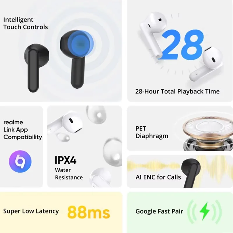 New realme Buds T01 True Wireless Earphone AI Noise Cancelling TWS Bluetooth 5.4 IPX4 Waterproof 28H Battery Life Headset