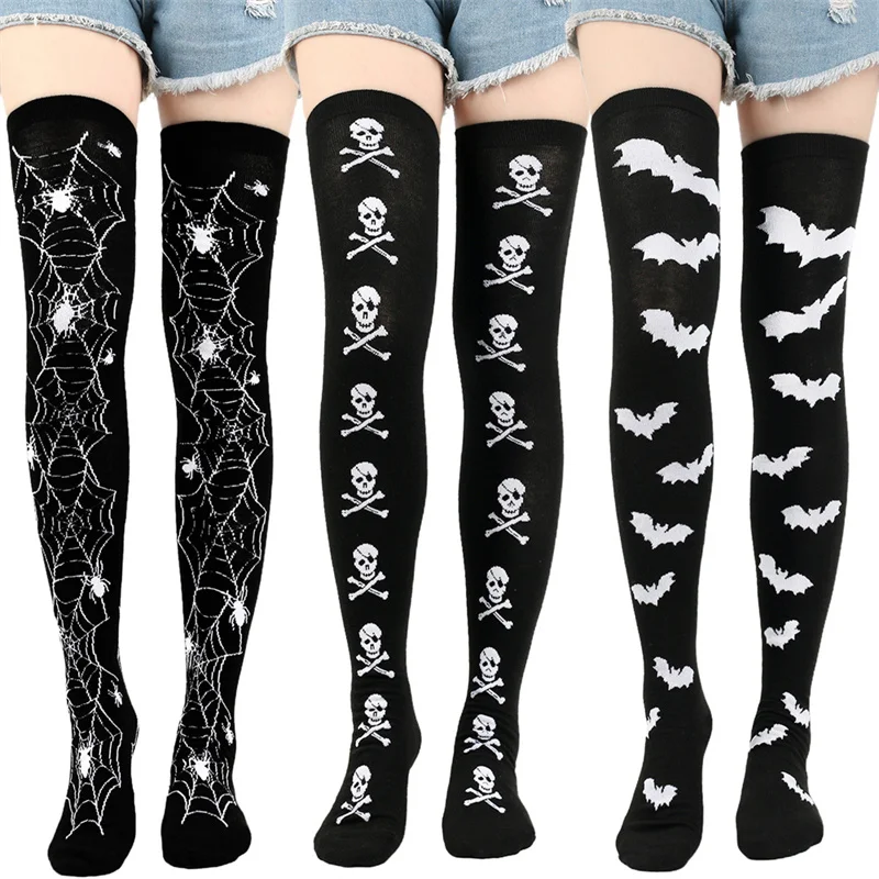 Over 12 Years Old Halloween Cosplay Party Socks Bat & Skull Dress Up Adult Above Knee Knit Long Stockings for Big Girls Women