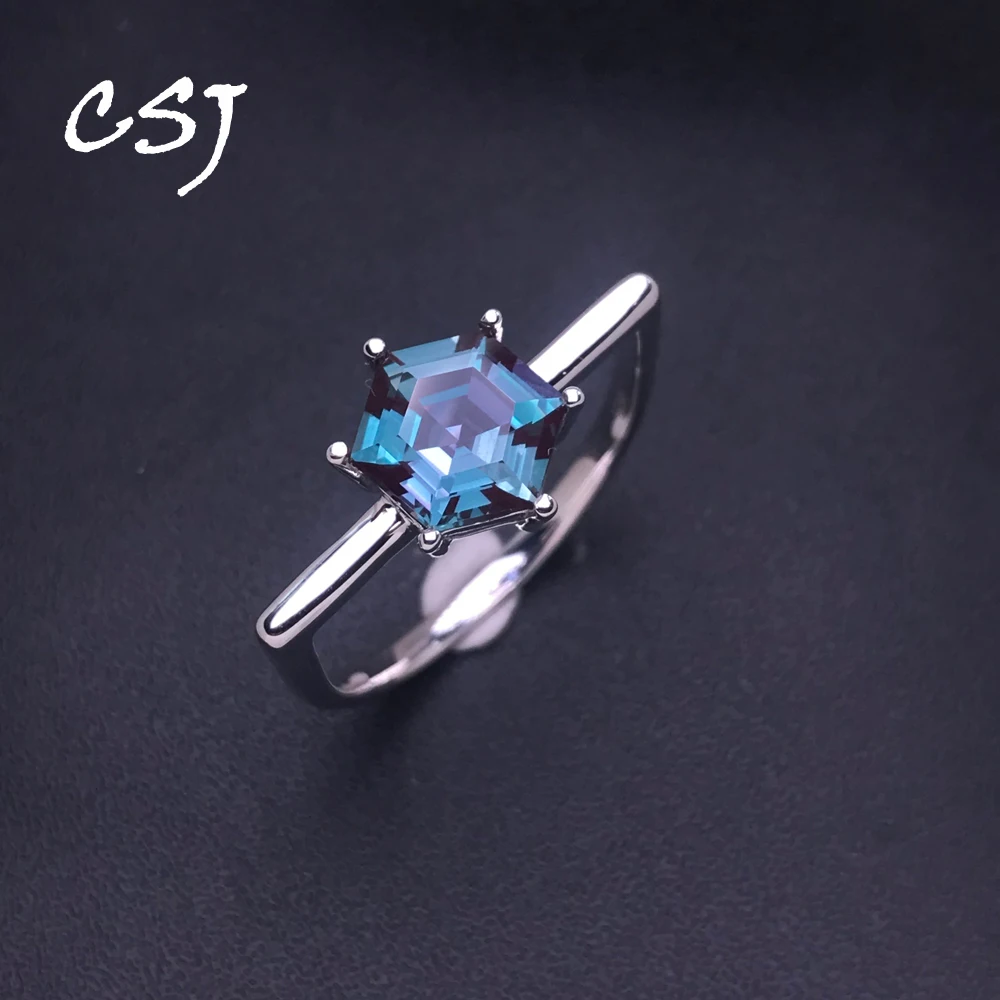 

CSJ Trendy Lab Grown Alexandrite Ring Sterling 925 Silver Ring Gemstone Hexagon 8mm 2.5ct for Women Lady Milgrain Party Gift