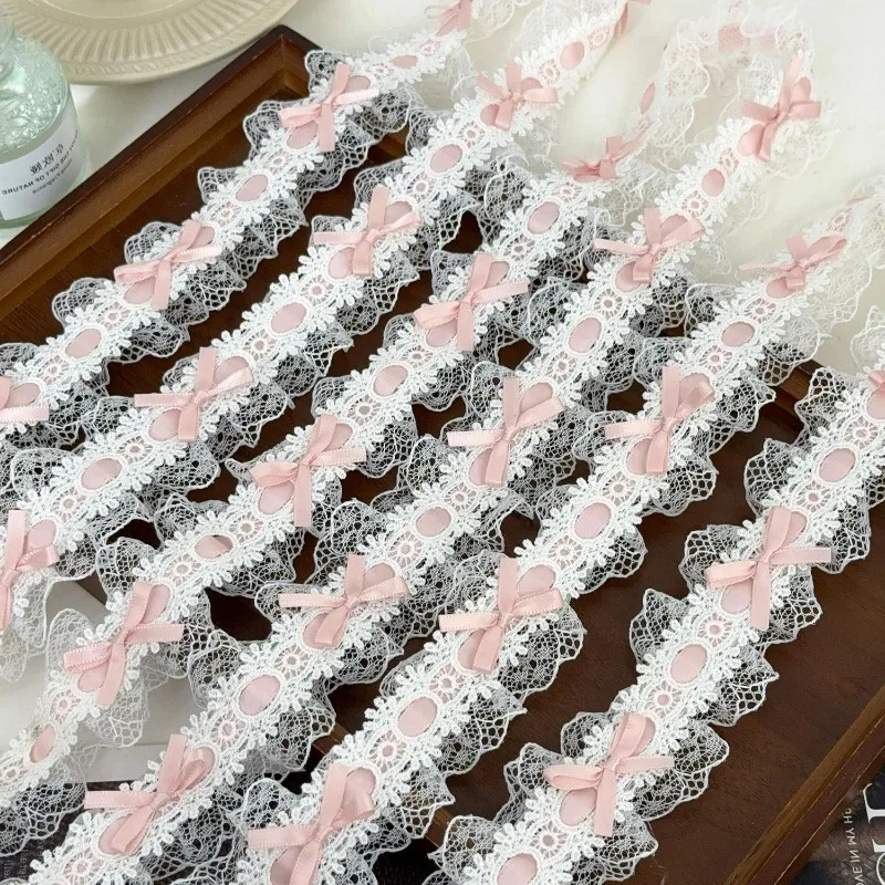 Lace Trim Bow Ribbon Pink Polyester Fabric Sweet French Style DIY Sewing Lace for Dress Skirt Hair Accessories Collar Decoration