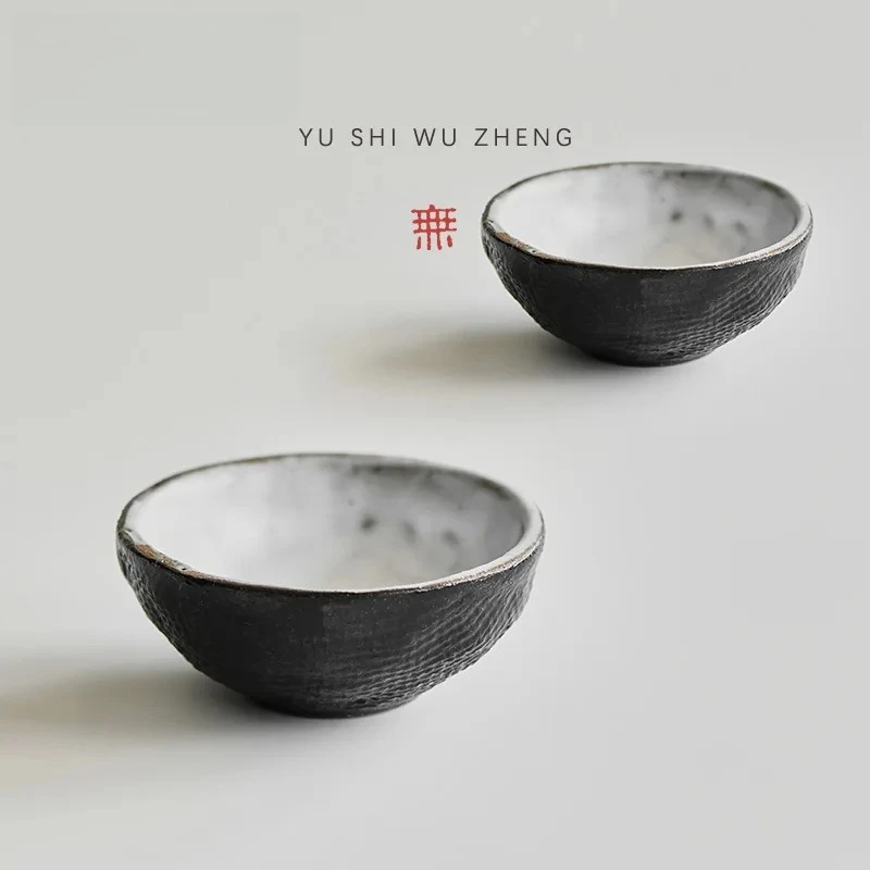 2pc/set Japanese Rough Pottery Tea Cup Handmade Black Lacquer Hemp Master Cup Cotton Pattern Tea Bowl Zen Kung Fu Teaset 35ml