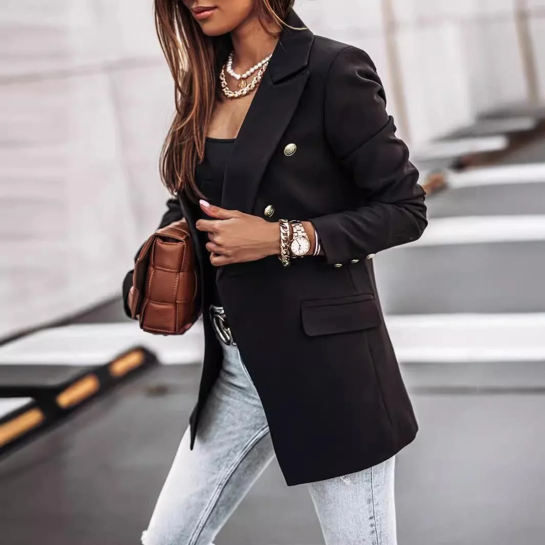 

Pure Color Long Sve Double Breasted Suit Jaet Autumn Winter New Sle Commute Wind Women's Polyester Fiber Medium Length