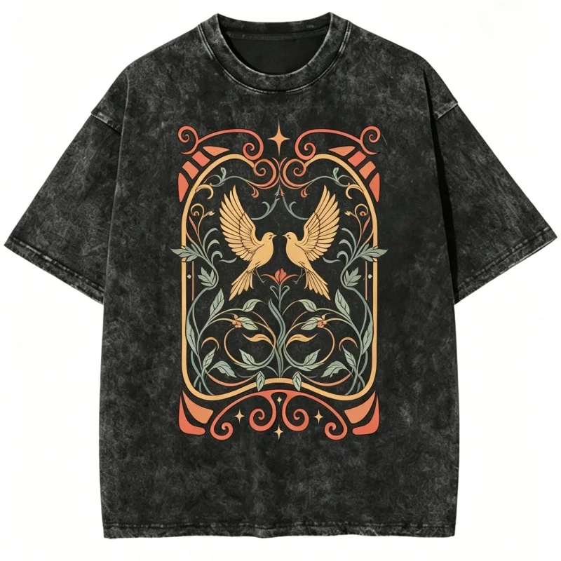 Vintage Washed Black T-shirt Women Men Aesthetic Art Nouveau Bird Flower Sun Moon Print Casual Loose O-neck Short Sleeve Y2K