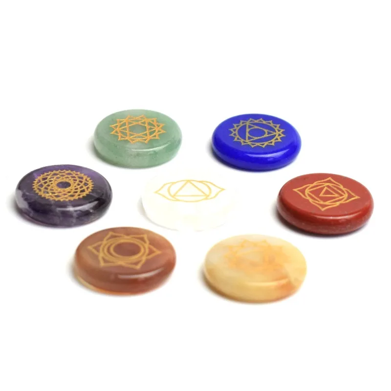 7pcs Small Size Natural Chakra Round Palm Stones Engraved Crystal Reiki Healing Holistic Balancing Chakra Symbols Set