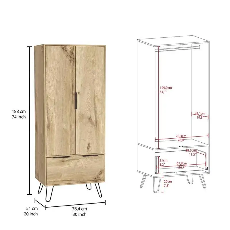 Light Oak Armoire Cabinet with One Drawer and Double Doors, Perfect for Storage and Organization
