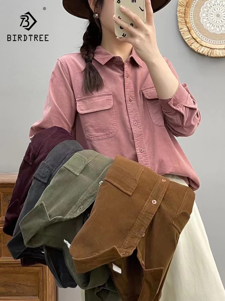 

New Summer Cotton Corduroy Long Sleeve Shirt, Women Lapel Solid Tops, Mori Girl Casual Literature Loose Blouses, Autumn T47747QC