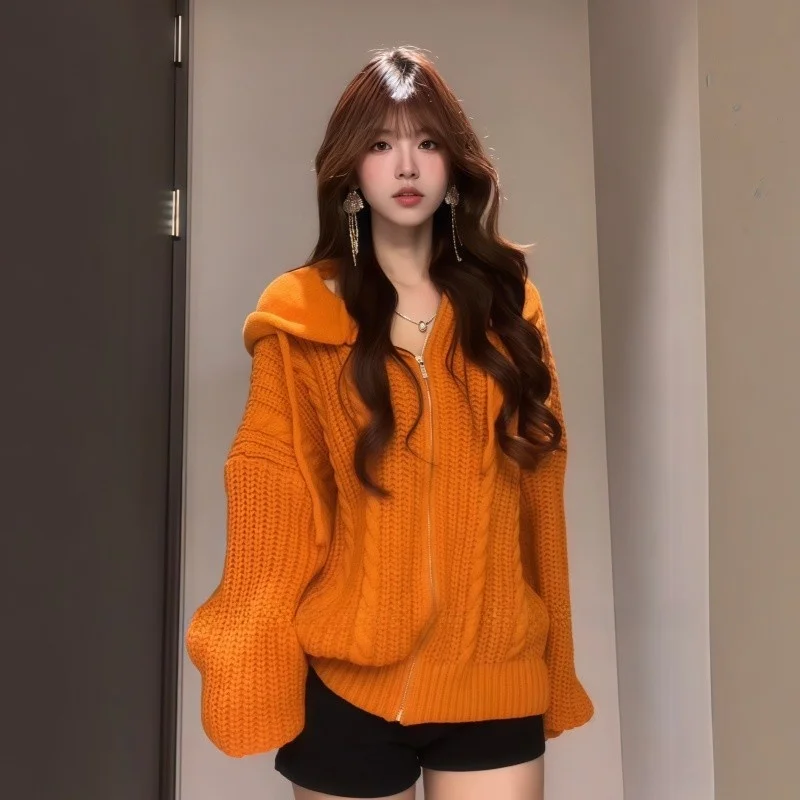 

Non-Balliting Knitted Open Cardigan Women's Sweater Dalian Gaoxiong Premium Autumn Faion Long Sve Hooded Regular Fit