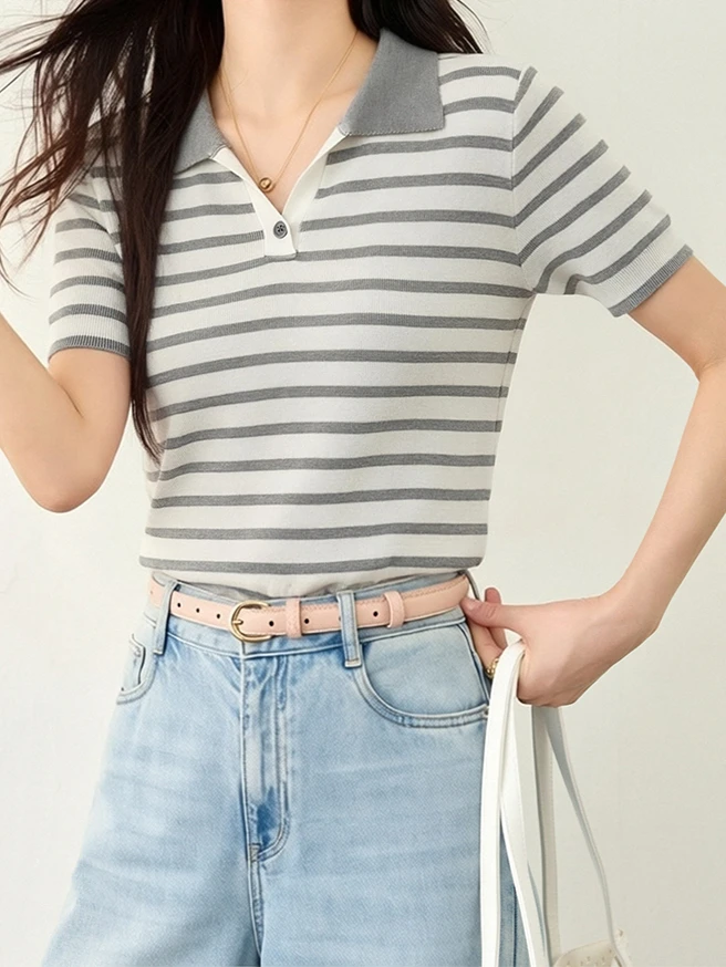 2026 Retro Women's Color Block Striped Short Sleeve T-Shirt Summer Fashion Button Loose Minimalist Casual Commuter Versatile Top
