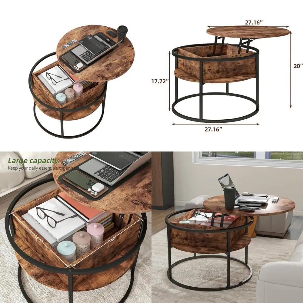 

Elegant Round Lift-Top Coffee Table with Storage for Living Room in Black and Wood Farmhouse Style