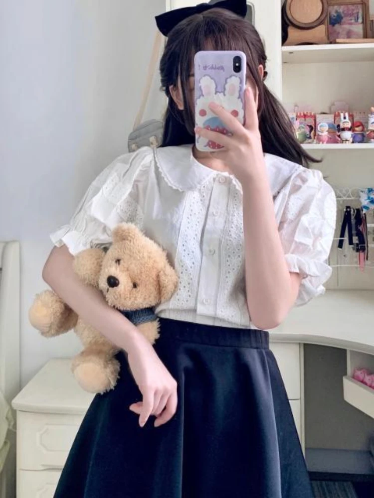 KOSAHIKI Kawaii Lace Patchwork White Blouse Women Lolita JK Cute Shirt 2024 Summer Japanese Sweet All Match Camisas Mujer Roupas