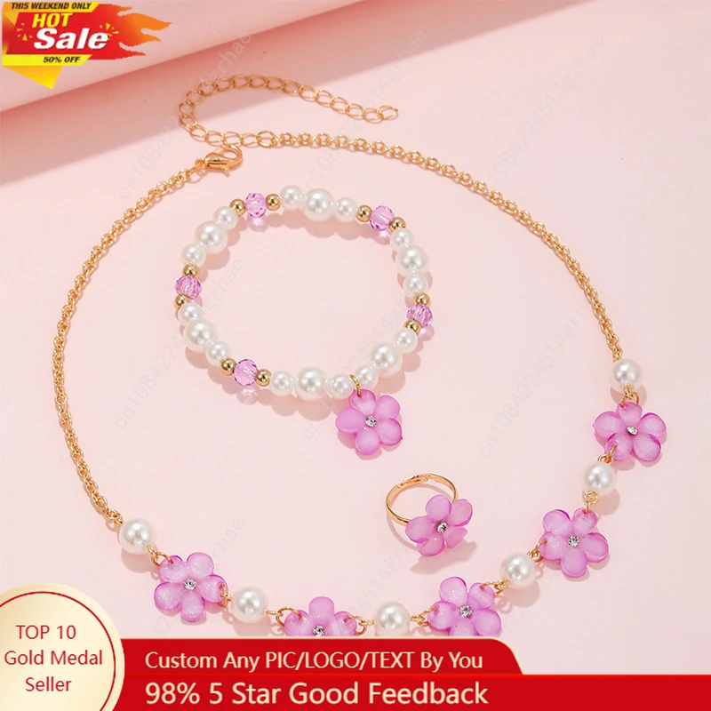 

3Pcs/set Flower Charm Chain Necklace with Beads Bracelet Ring Jewelry Set for Girls Daughter Party Birthday Gift