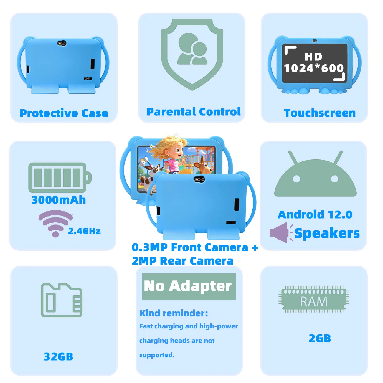 Tablet infantil de 7 polegadas, tablet infantil com controle de pais, câmeras duplas, presentes infantis para o Natal e aniversário. Azul