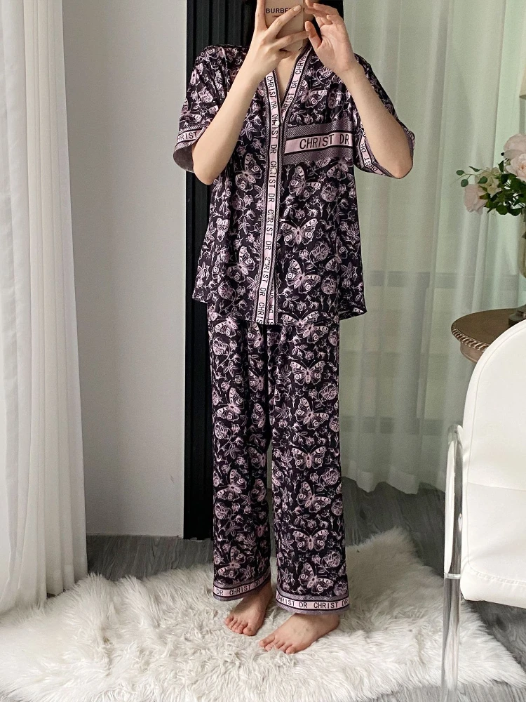 Summer Light Purple Printed 3-Piece Pajama Set Women 2024 New High-Quality Ice Silk V-Neck Top+Shorts+ Pants Thin Home Clothing