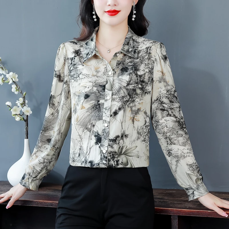 الحرير irt المرأة عادية رقيقة Sle ربيع الخريف Faionable أمي الراقية العلامة التجارية فضفاضة تناسب طويلة Sve طوق irt