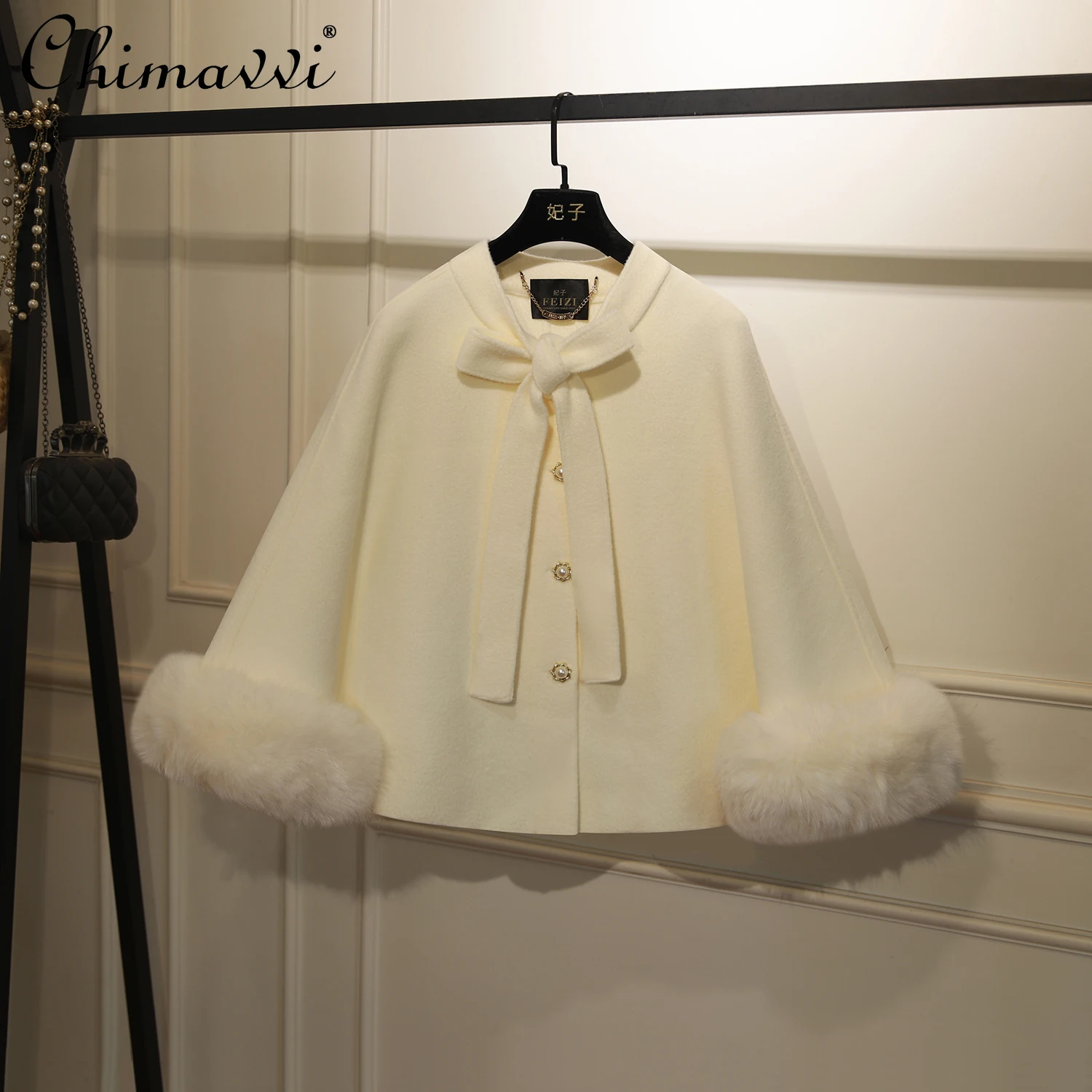 

Korean Style Fashion Elegant Casual Wool Coats Fur Sleeves Single-Breasted Lace-up Bow Versatile Short Cape Jackets Women Autum