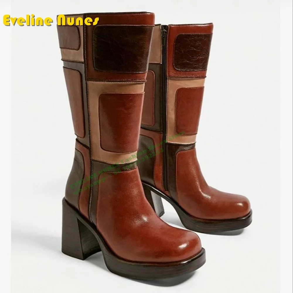 Platform Plaid Patchwork Retro Women\'s Knee High Boots Square Toe Block Heels Zipper Closure Large Size Modern Boots 2024 Winter