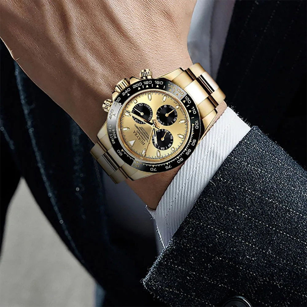 HUAYRA New Men's Luxury Automatic Mechanical Watch Men's Stainless Steel Waterproof Watch Gold Timing dial Black Outer Ring Glow