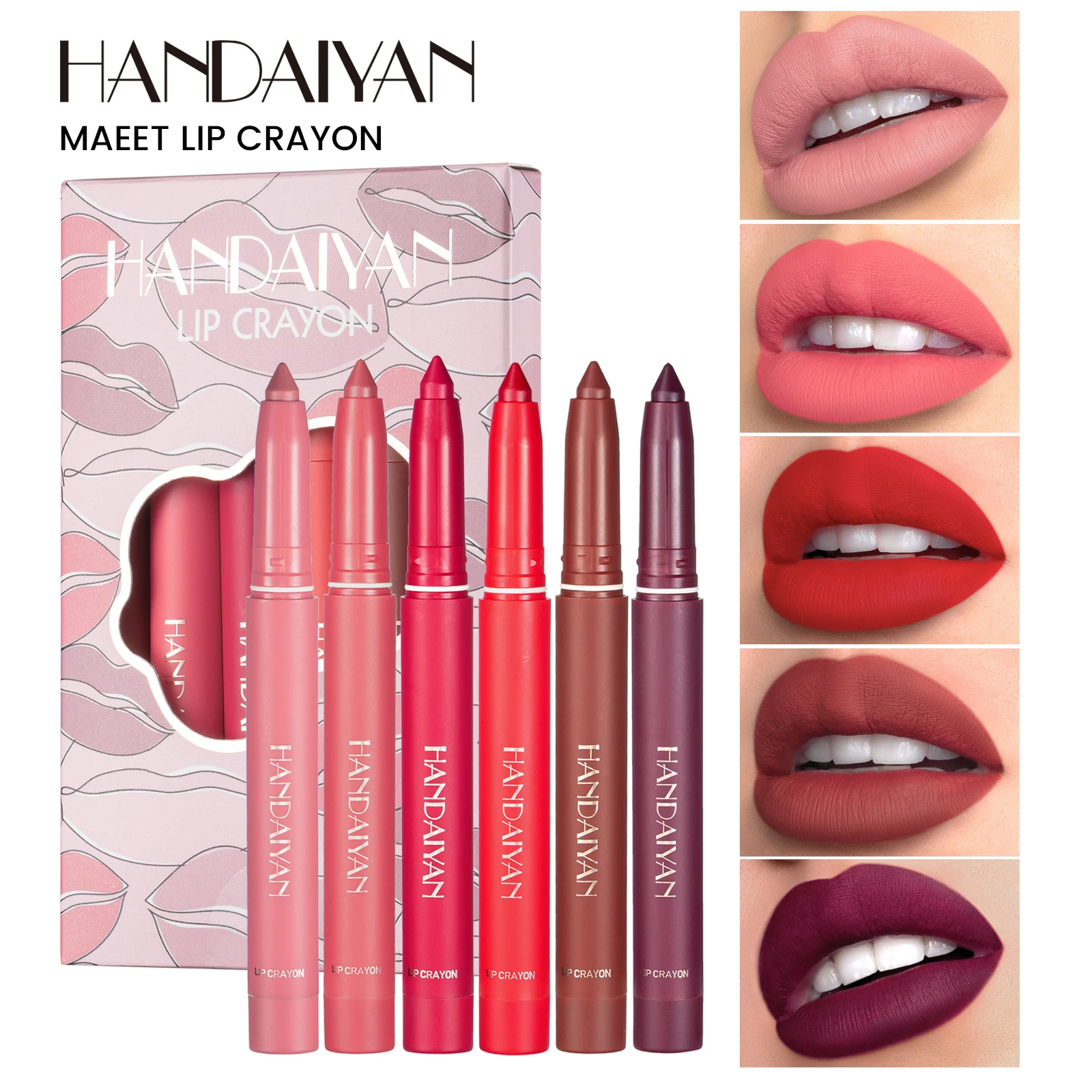 HANDAIYAN 6-color lipliner set, rotatable, peelable, dual-use, color resistant lipstick pen