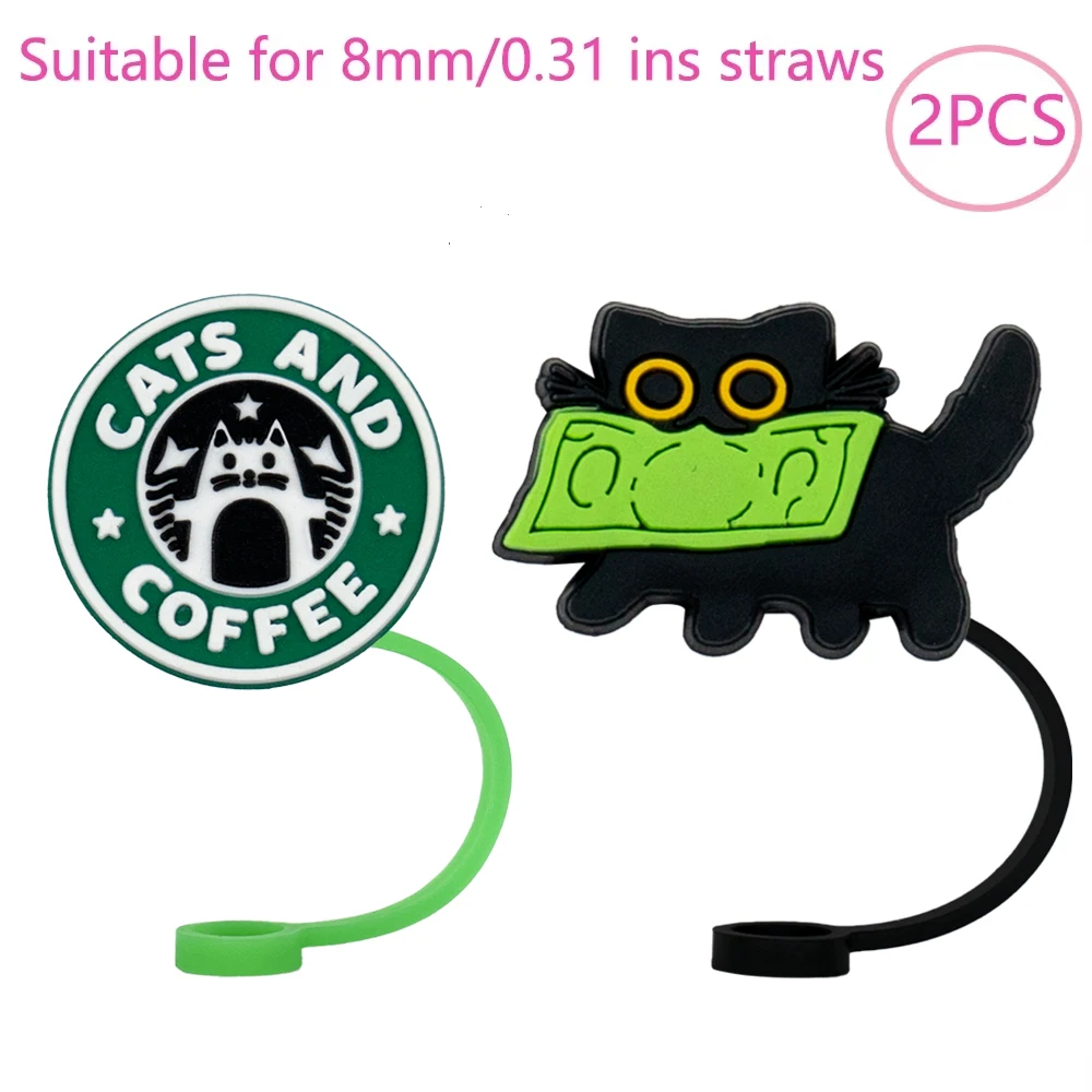 1/2/8 قطعة غطاء القش لطيف القط الأسود اكسسوارات ل بهلوان كوب ، سيليكون القش توبر الشرب تلميح ، 8 مللي متر الغبار غطاء من القش