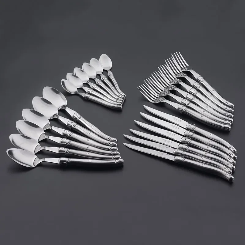 24pcs Laguiol Silverware set Stainless Steel Tableware Steak Knife Fork and Spoon Silver Flatware Set Xmas Cutlery in  Wood Box