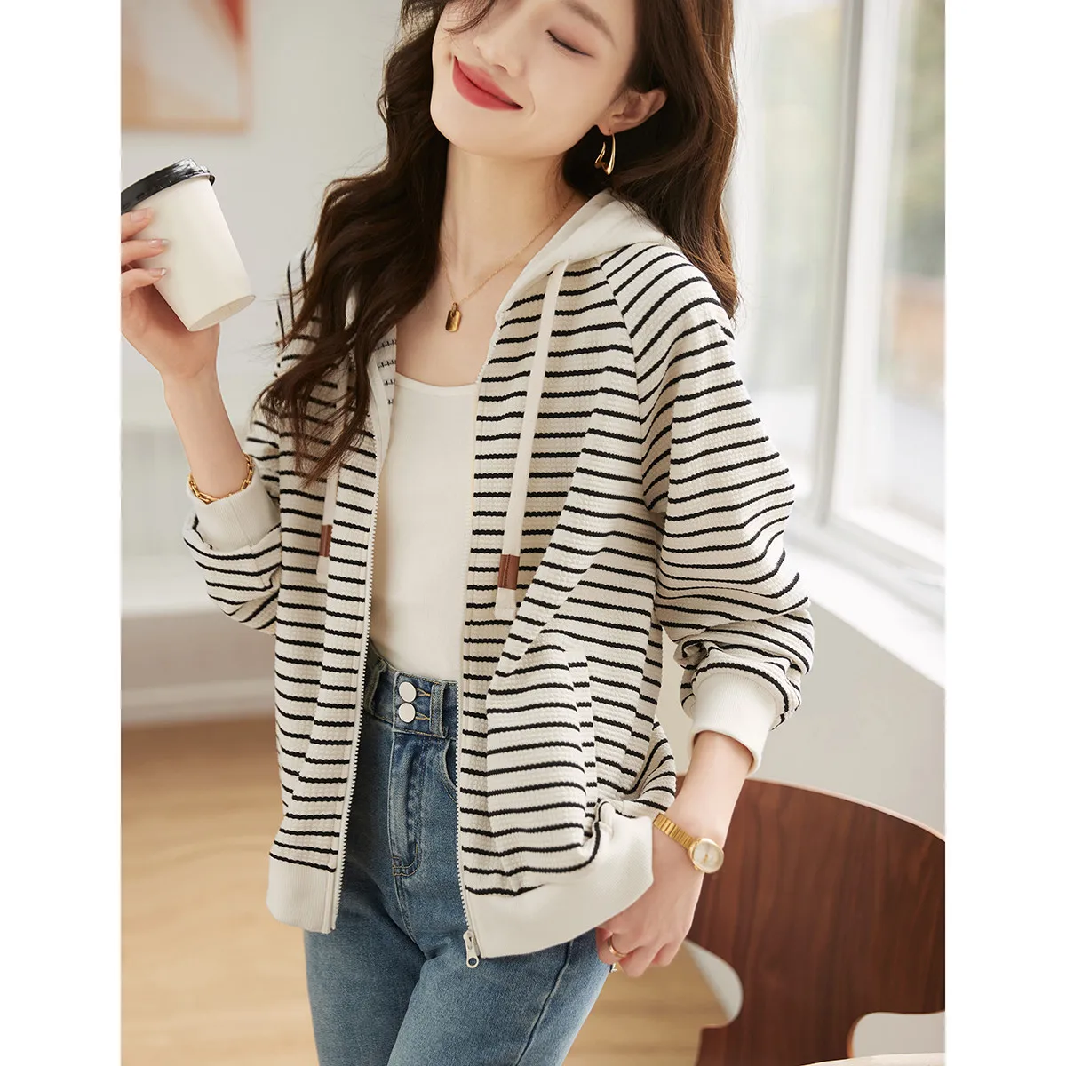 Faionable Striped Casual Hoodie Women's Knitted Cardigan Spring Autumn High End European Sle Commute Sle Polyester Cott...