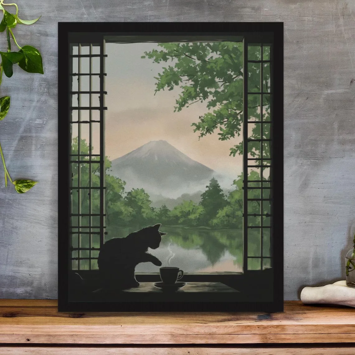 Japanese-Inspired Cat Window Art Print: Soft Green Calm Morning Landscape,Emerald Green Nature Grass Field Decor for Home