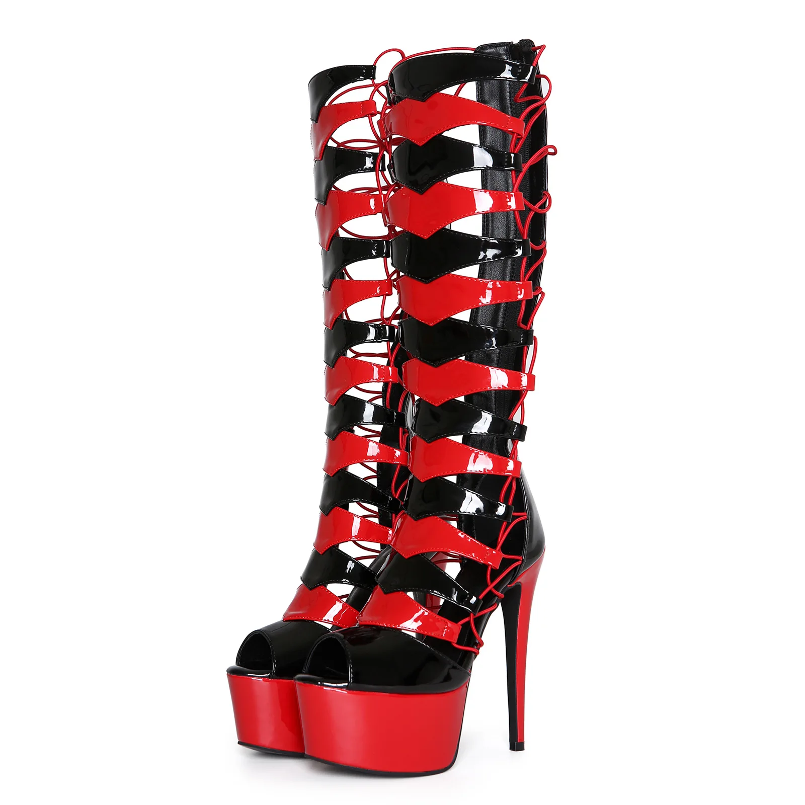 Black Red Patent Peep Toe Knee High Platform Boots Women Hollow Out Crisscross Lace Up Stiletto Heel Pole Dance Party Boots