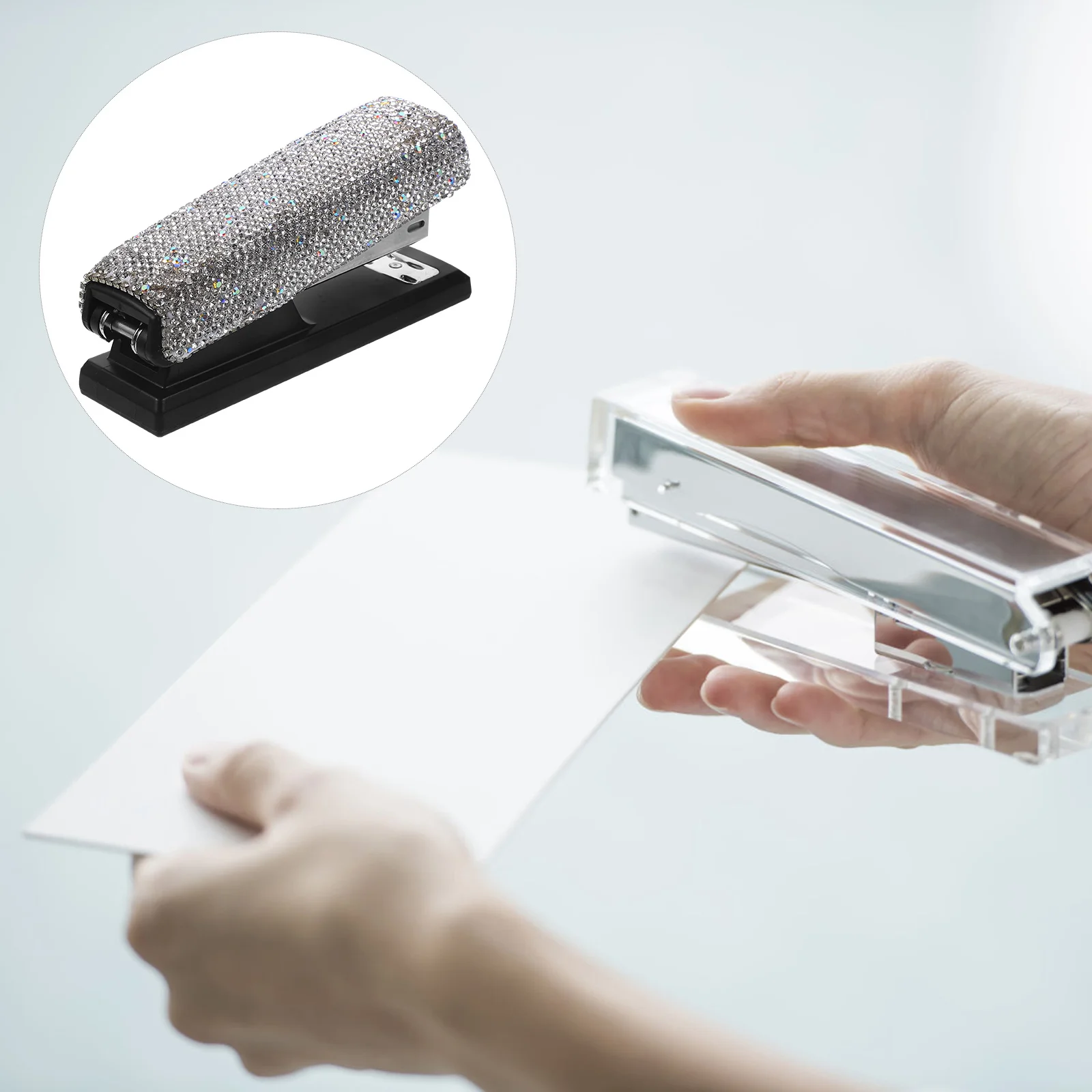 

1 set Rhinestone Stapler White Small Size Desk Handheld Office School Supplies Heavy Duty Portable Creative Paper Staples