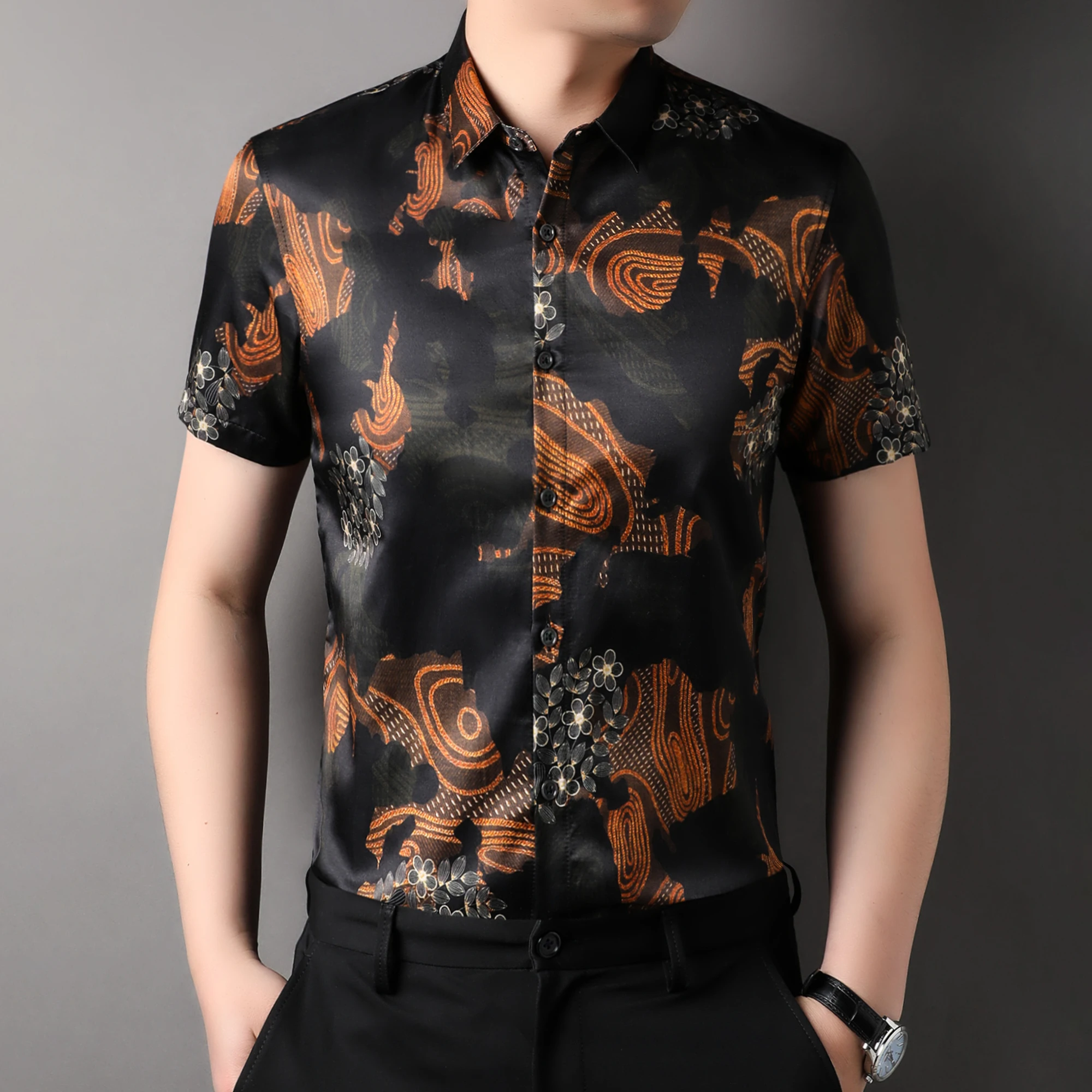 

Vintage Digital Print Men Shirt Short Sleeved Silk Cotton Luxury Summer Quality Smooth Comfortable Banquet Fashion Chemise Homme
