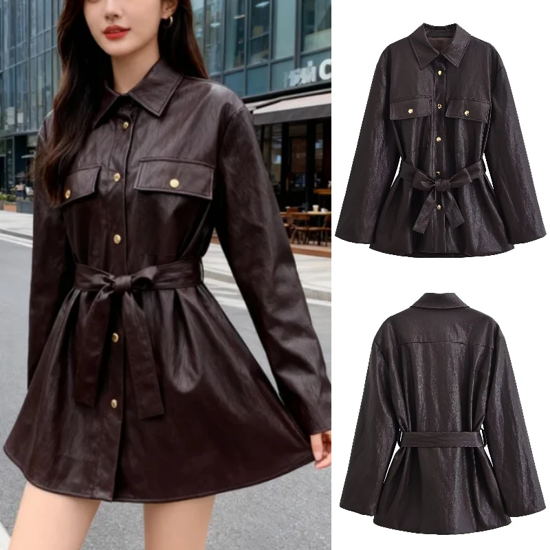 

Осенне-зимнее пальто из искусственной кожи с поясом. Элегантное высококачественное модное пальто 2025 года. Новое поступление.