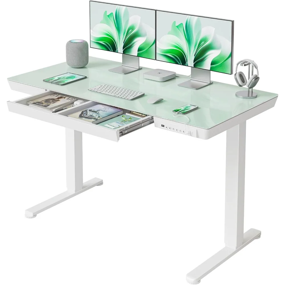 

48 × 24 Electric Standing Desk with Drawers, Whole-Piece Glass Adjustable Height Desk, One-Piece Quick Install Adjustable Sit S