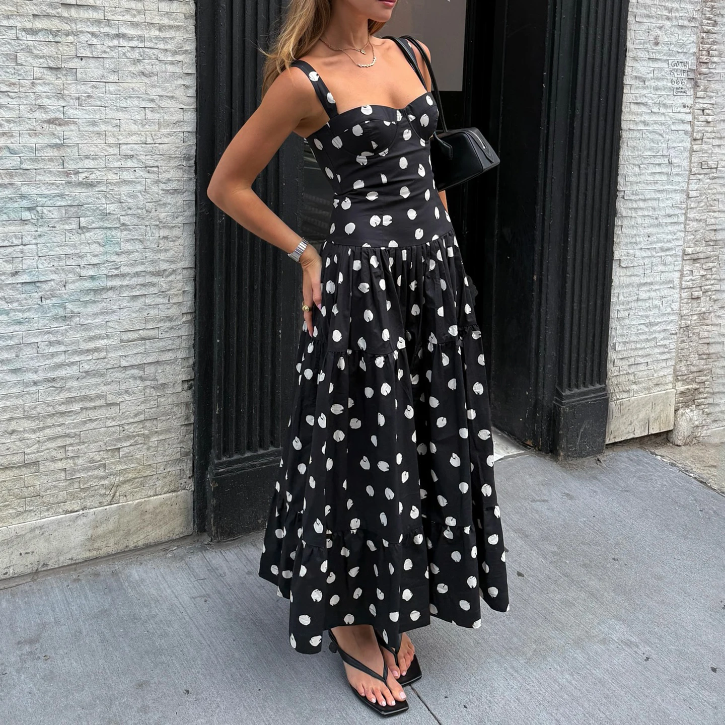 Férias polka dot a linha vestido fino-encaixe slash neck sem mangas maxi vestidos para mulher 2025 verão elegante moda streetwear