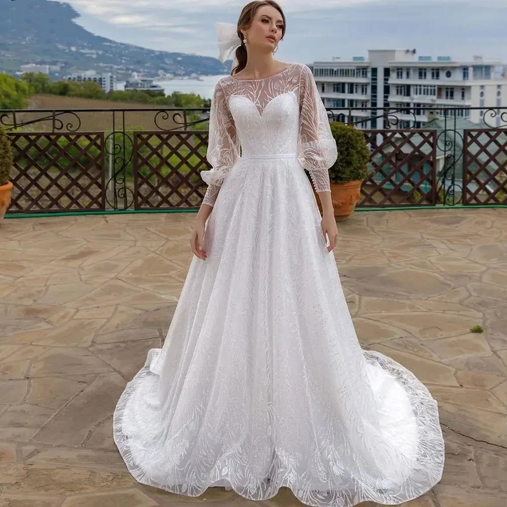 

Beautiful Wedding Dresses For Women 2024 O-Neck A-Line Bridal Gowns Lace Appliques Long Puff Sleeves Robes Vestidos De Novia