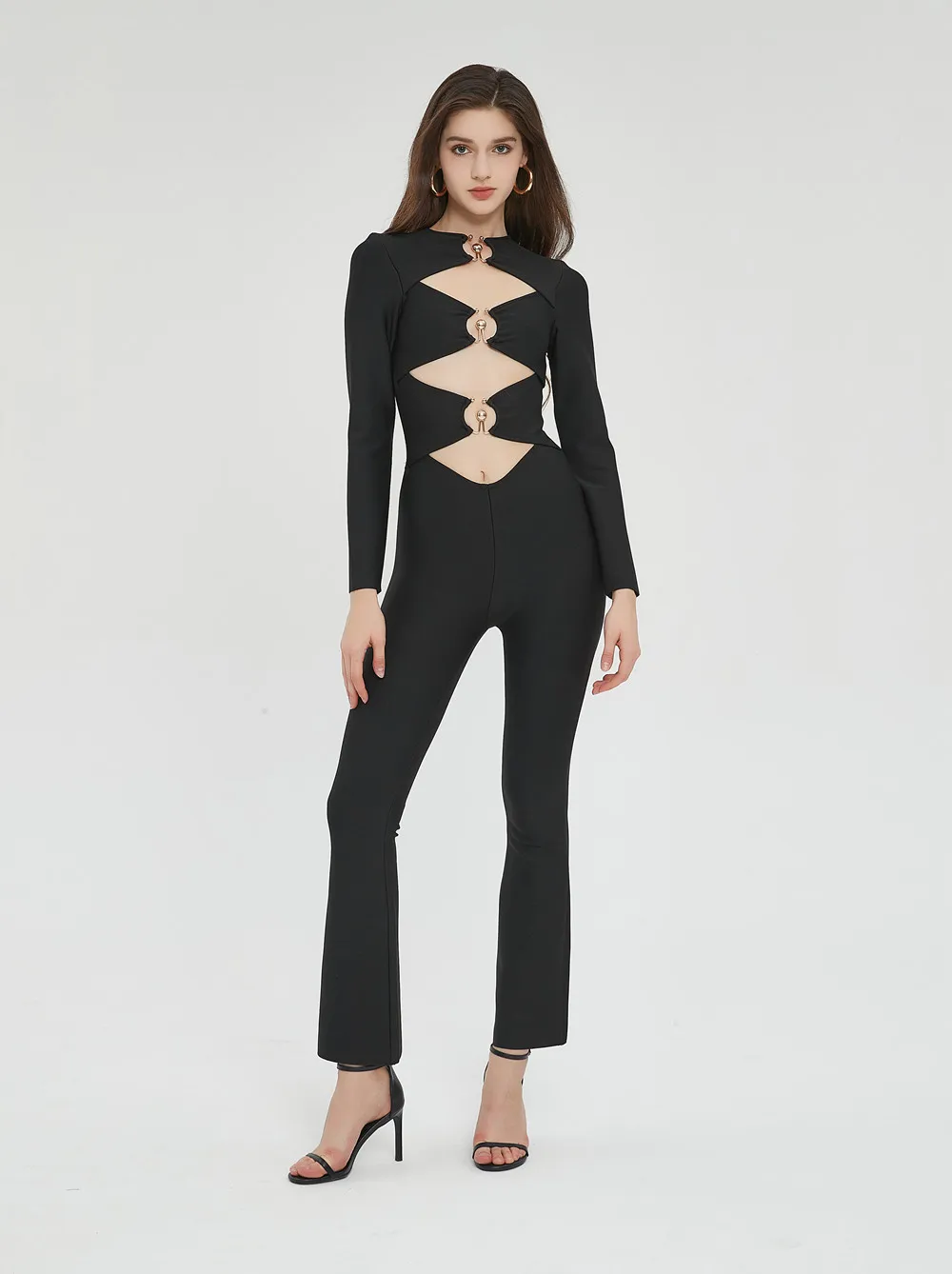 

Women's Elegant Black Hollow Out Long Sleeve Slim Jumpsuits 2023 Ladies Bodycon Celebrity Evening Party Jumpsuits New Fashion