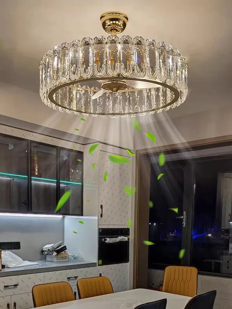 

Luxury Crystal Invisible Ceiling Fan Light for Living Dining Room Modern Simple Home Bedroom Fan Lamp Combo Suspension Luminaire