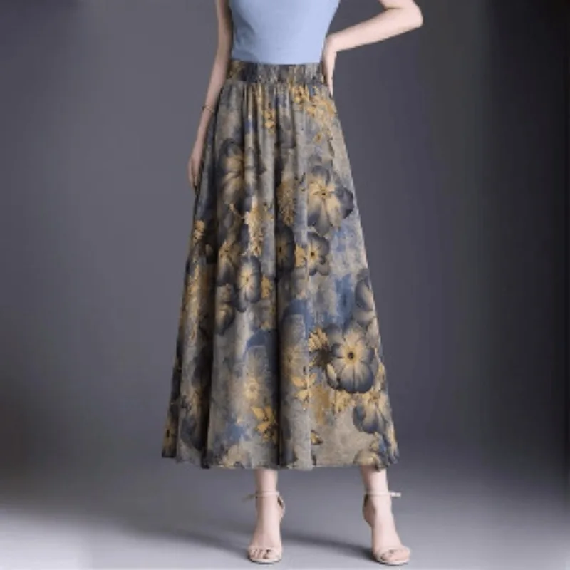 Women's Floral Print 8-points Pants High Waist Tie-dye Lightweight Wide Leg Pants Summer Loose Casual Drooping Skirt Pants