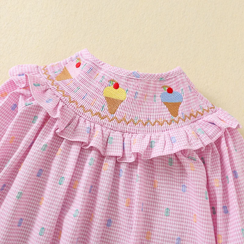 2024 Kids Long Sleeve Clothes Colored Pink Plaid Cute Ice Cream Girls Princess Dress Children Outfit Matching Spring and Autumn