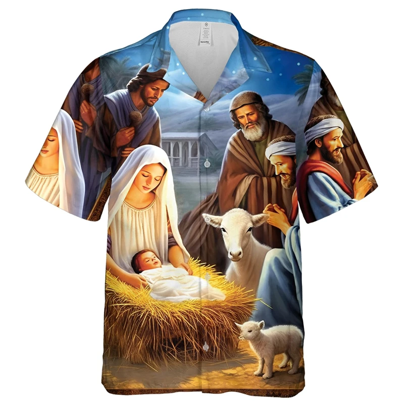 

Festive Hawaiian Christmas Carnival Short Sleeve Shirt Men New Year Santa Casual Y2K Tropical Plants Print Snow Scene Blouses