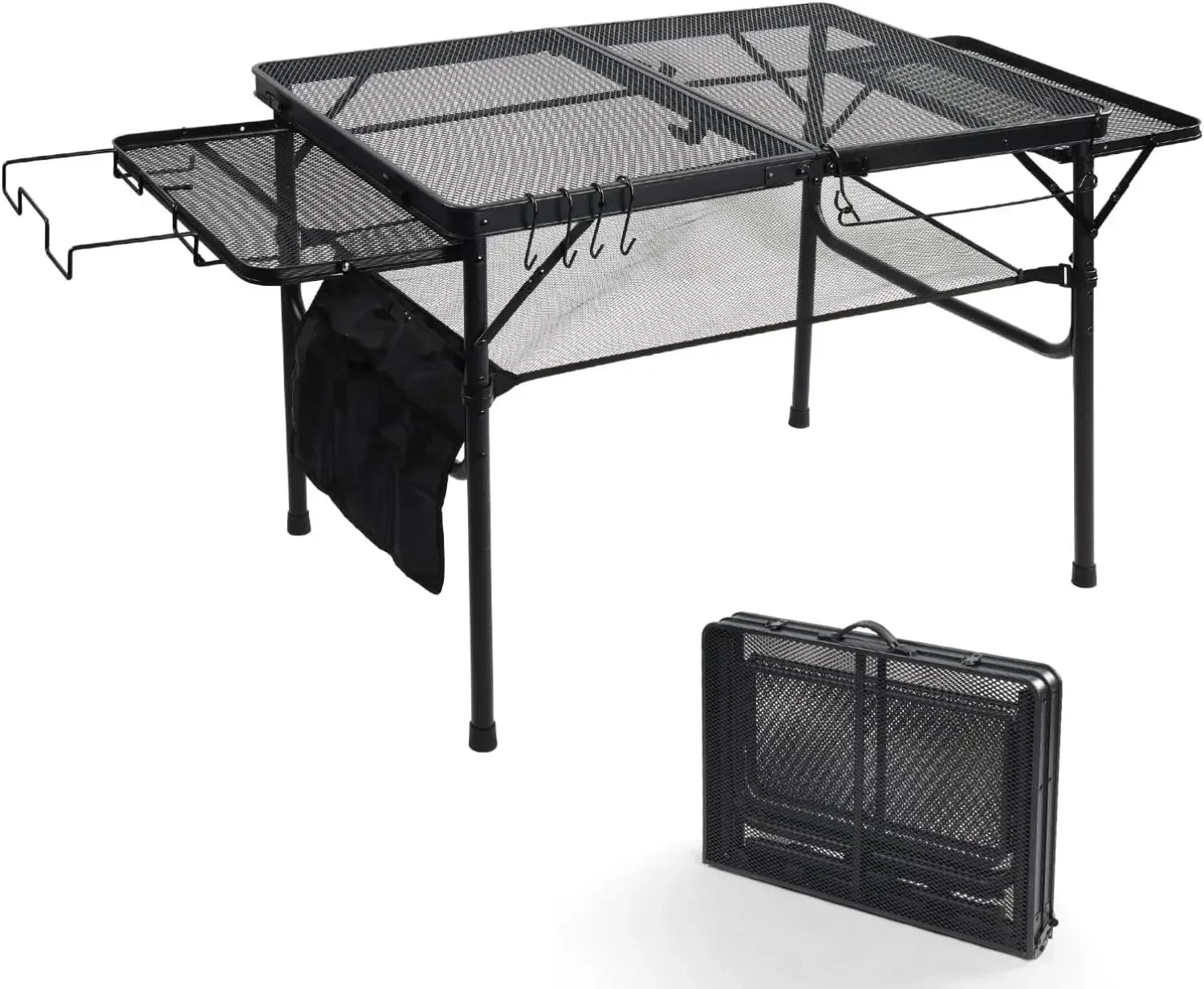 3ft Folding Camping Table with Expandable Wing Panels, Metal Mesh Grill Table with 2 Adjustable Heights, Storage Net, Paper Towel Holder, Hooks and Trash Bag Rack for Outdoor Picnic BBQ Beach